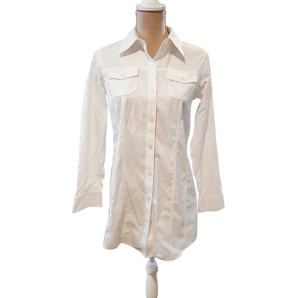 Chicos Non-Iron White Button Down Shirt Womens Size 0 Tunic Long Sleeve Blouse